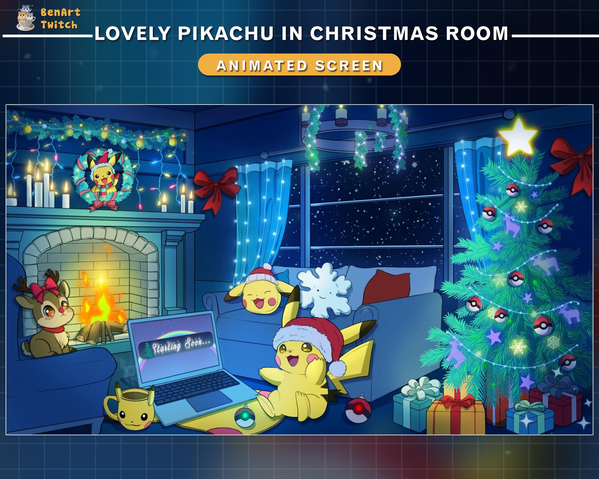 Animated Twitch Screen Pikachu Game Room Christmas, Lo-fi Room Xmas Stream  Screen with PC, Christmas Tree, Heater, Snow man..., image size:2000x1600