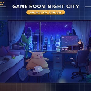 Puede incluir: Una ilustraci&oacute;n digital de una sala de juegos con una vista nocturna de la ciudad desde la ventana. La habitaci&oacute;n cuenta con un sof&aacute;, un escritorio con una computadora, una silla, un peluche de Pikachu y una planta en maceta. El reloj en el escritorio marca las 21:45.