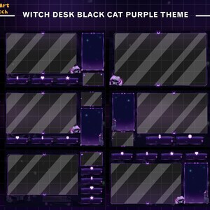 May include: A purple and black Twitch stream overlay with a witch theme. The overlay has a black cat, stars, and a grid pattern. The text "WITCH DESK BLACK CAT PURPLE THEME" is at the top of the overlay.