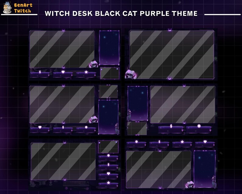 May include: A purple and black Twitch stream overlay with a witch theme. The overlay has a black cat, stars, and a grid pattern. The text "WITCH DESK BLACK CAT PURPLE THEME" is at the top of the overlay.