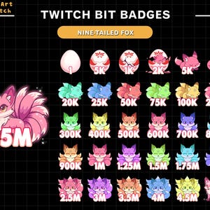 Nine-Tailed Fox Evolution Twitch Bit Badges, Kitsune Twitch Badges, Numbers Badges, Subscriber Badges