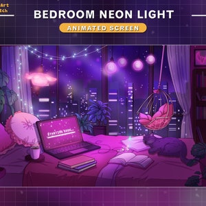 Animated Twitch Screens Cozy Bed Room Night City, Lo-fi Cat Overlay, Aesthetics Twitch Overlay