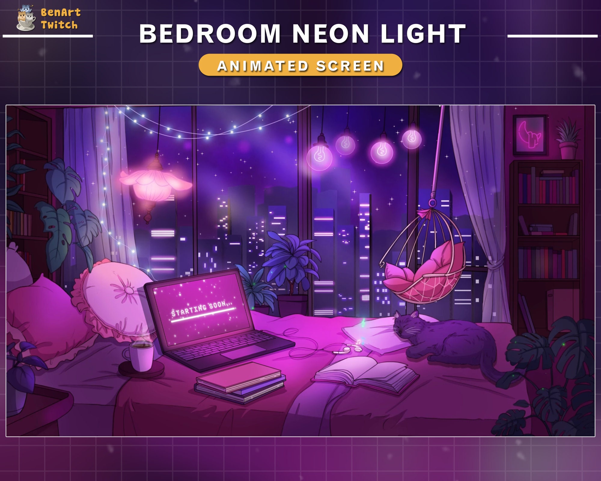 Pantallas animadas de Twitch, acogedora habitación, ciudad nocturna, superposición de gatos de baja fidelidad, superposición estética de Twitch
