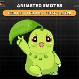 May include: Animated green cartoon character with a leaf on its head, waving with a friendly smile. The character has large eyes and a round body with green spots. The image is labelled "ANIMATED EMOTES" and includes the sizes "128X128 | 112X112 | 56X56 | 28X28".