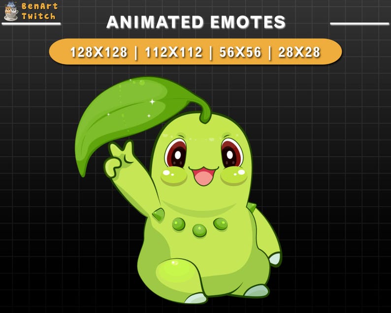 May include: Animated green cartoon character with a leaf on its head, waving with a friendly smile. The character has large eyes and a round body with green spots. The image is labelled "ANIMATED EMOTES" and includes the sizes "128X128 | 112X112 | 56X56 | 28X28".