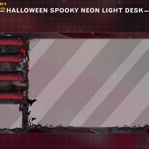 May include: Halloween themed Twitch stream overlay with a spooky neon light desk design. The overlay features a dark background with a black vine border and a gray and white striped background. There are four red and black rectangular panels with icons for donations, follows, subscriptions, and a star. The overlay also includes a large rectangular space for the streamer's video feed.