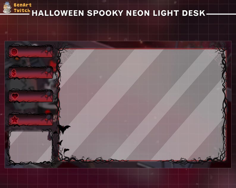 May include: Halloween themed Twitch stream overlay with a spooky neon light desk design. The overlay features a dark background with a black vine border and a gray and white striped background. There are four red and black rectangular panels with icons for donations, follows, subscriptions, and a star. The overlay also includes a large rectangular space for the streamer's video feed.