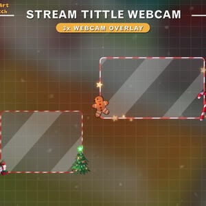 May include: Three Christmas-themed webcam overlays with a red and white candy cane border. The top overlay features a gingerbread man and a candy cane. The middle overlay features a Christmas tree. The bottom overlay features a wrapped gift.