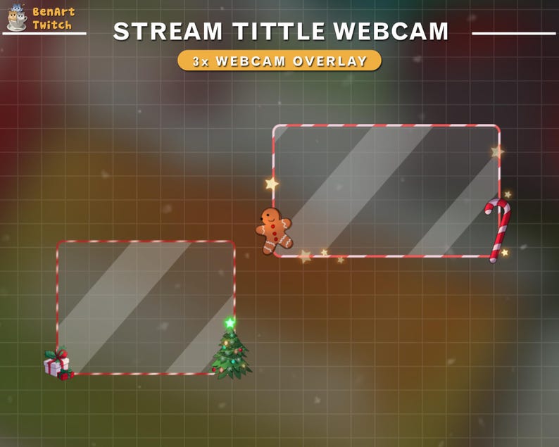 May include: Three Christmas-themed webcam overlays with a red and white candy cane border. The top overlay features a gingerbread man and a candy cane. The middle overlay features a Christmas tree. The bottom overlay features a wrapped gift.