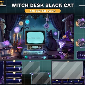 Animated Witch Desk Black Cat Stream Package, Mystic Twitch Overlay with Magic Books, Candles, Potion Cauldron, Moon Starry Night