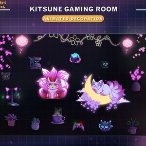 19x Animated Cute Fox Twitch Stream Decoration, Hanging Plants, Gaming Stream, Sakura Stream Overlay
