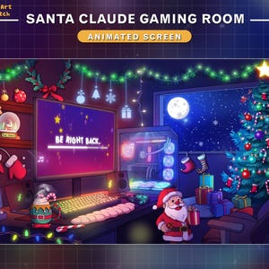 May include: A festive gaming room decorated with Christmas lights and a Christmas tree. The room features a computer monitor with the text "BE RIGHT BACK." on the screen, a gaming PC, and a Santa Claus figurine.