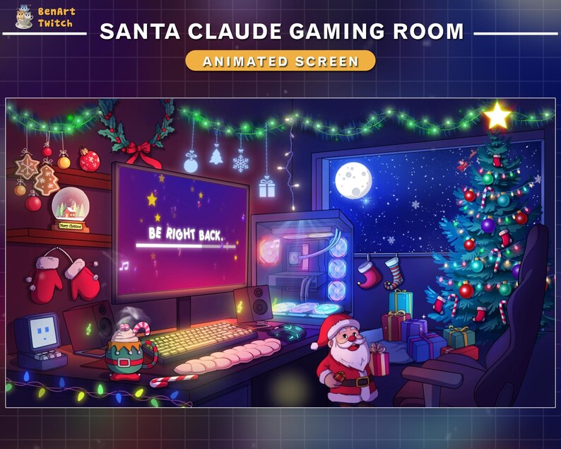 May include: A festive gaming room decorated with Christmas lights and a Christmas tree. The room features a computer monitor with the text "BE RIGHT BACK." on the screen, a gaming PC, and a Santa Claus figurine.
