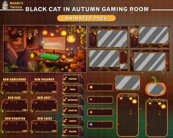 Animated Stream Package Autumn Lofi Desk Black Cat, Fall Twitch Overlay, Aesthetic Twitch Overlay, Cozy Room with PC, Maple, Pumpkin...