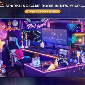 May include: A sparkling game room decorated for New Year's Eve. The room features a gaming chair, a computer monitor with the text "THANKS FOR WAITING", a gaming console, a cake, and a variety of festive decorations, including balloons, streamers, and confetti.