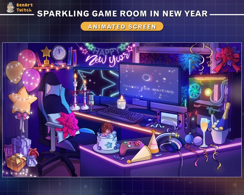 May include: A sparkling game room decorated for New Year's Eve. The room features a gaming chair, a computer monitor with the text "THANKS FOR WAITING", a gaming console, a cake, and a variety of festive decorations, including balloons, streamers, and confetti.
