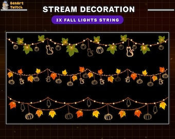 Op de afbeelding: Streamdecoratie met drie herfstlichtsnoeren. Elke slinger heeft pompoen- en kat silhouetten, met bladeren in groen, oranje en geel. De tekst "STREAM DECORATION" en "3X FALL LIGHTS STRING" staat bovenaan.