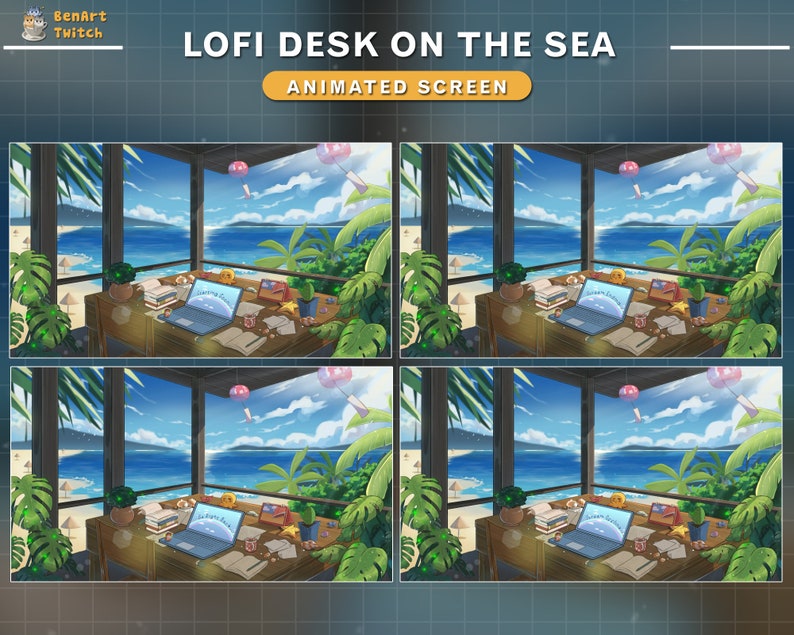 May include: A digital illustration of a desk with a laptop, books, and other items, set against a background of a beach scene with palm trees and a blue ocean. The text "LOFI DESK ON THE SEA" is at the top of the image, and the text "ANIMATED SCREEN" is below it.