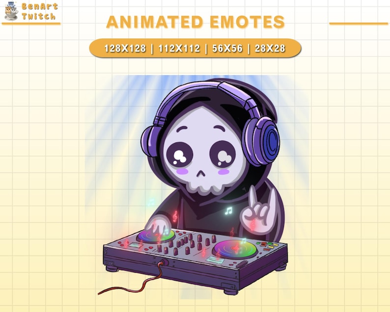 Puede incluir: Emoticono animado de un esqueleto de dibujos animados que lleva una t&uacute;nica negra con capucha y auriculares morados, sosteniendo una mesa de mezclas de DJ con luces brillantes. El texto "ANIMATED EMOTES" est&aacute; en la parte superior de la imagen, con el texto "128X128 | 112X112 | 56X56 | 28X28" debajo.