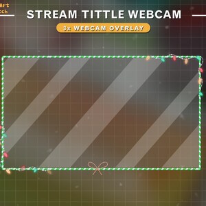 May include: A green and white striped frame with a clear background and a red and white bow at the bottom. The frame is decorated with a string of Christmas lights. The text "STREAM TITLE WEBCAM" is at the top of the image, and the text "3x WEBCAM OVERLAY" is below the frame.