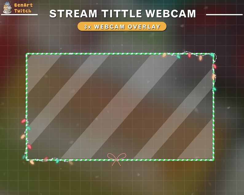 May include: A green and white striped frame with a clear background and a red and white bow at the bottom. The frame is decorated with a string of Christmas lights. The text "STREAM TITLE WEBCAM" is at the top of the image, and the text "3x WEBCAM OVERLAY" is below the frame.