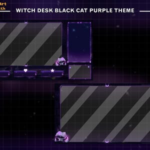 May include: Purple and black Twitch stream overlay with a witch desk theme. The overlay has a black cat, stars, and hearts. The overlay has a title that says "WITCH DESK BLACK CAT PURPLE THEME".
