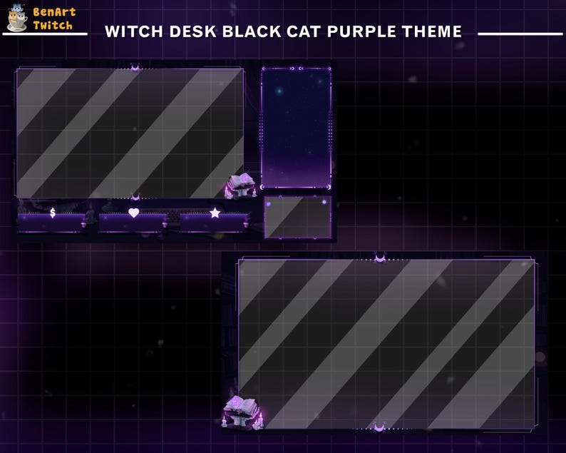 May include: Purple and black Twitch stream overlay with a witch desk theme. The overlay has a black cat, stars, and hearts. The overlay has a title that says "WITCH DESK BLACK CAT PURPLE THEME".