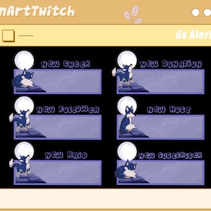 Może przedstawiać: Sześć animowanych alert&oacute;w Twitch z niebieskim wilkiem wyjącym do księżyca. Alerty są dla nowego cheer, nowej darowizny, nowego obserwującego, nowego hosta, nowego rajdu i nowego subskrybenta.