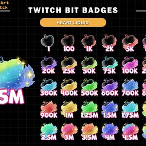 30x Liquid Heart Bottle Twitch Bit Badges, Heart Badges for Streamers, YouTubers & Discord