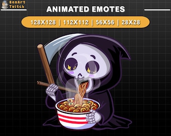 Geanimeerde Twitch-emote Grim Reaper Ramen, Halloween Twitch-emotes, leuke emotes voor YouTube, Discord