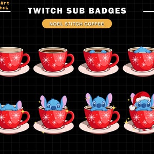 Christmas Coffee Mugs Stitch Twitch Sub Badges, Cute Stitch Twitch Bit Badges, Ready To Use for Twitch, Discord