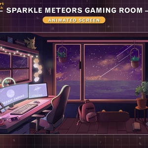 May include: A digital illustration of a gaming room with a desk, a gaming chair, a window with a view of the ocean and a starry night sky, and a skateboard on the floor. The desk has a computer monitor with the text "Stream Ending" and "Loading" on the screen, a keyboard, a mouse, and a microphone. The room is decorated with plants, string lights, and a hexagon-shaped light fixture.