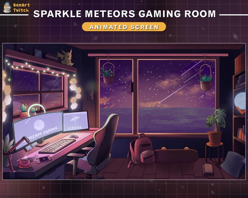 May include: A digital illustration of a gaming room with a desk, a gaming chair, a window with a view of the ocean and a starry night sky, and a skateboard on the floor. The desk has a computer monitor with the text "Stream Ending" and "Loading" on the screen, a keyboard, a mouse, and a microphone. The room is decorated with plants, string lights, and a hexagon-shaped light fixture.