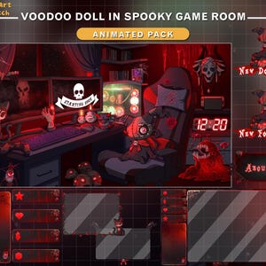 May include: Animated Twitch stream pack with a voodoo doll theme. The image shows a spooky game room with a computer setup, a voodoo doll, and related graphics. Text includes "New Donation", "New Follower", and "About Me".