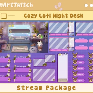 Pacote de fluxo animado Mesa Lo-fi aconchegante, Pacote de fluxo animado Sala de jogos estética com sobreposição de Twitch com tema roxo