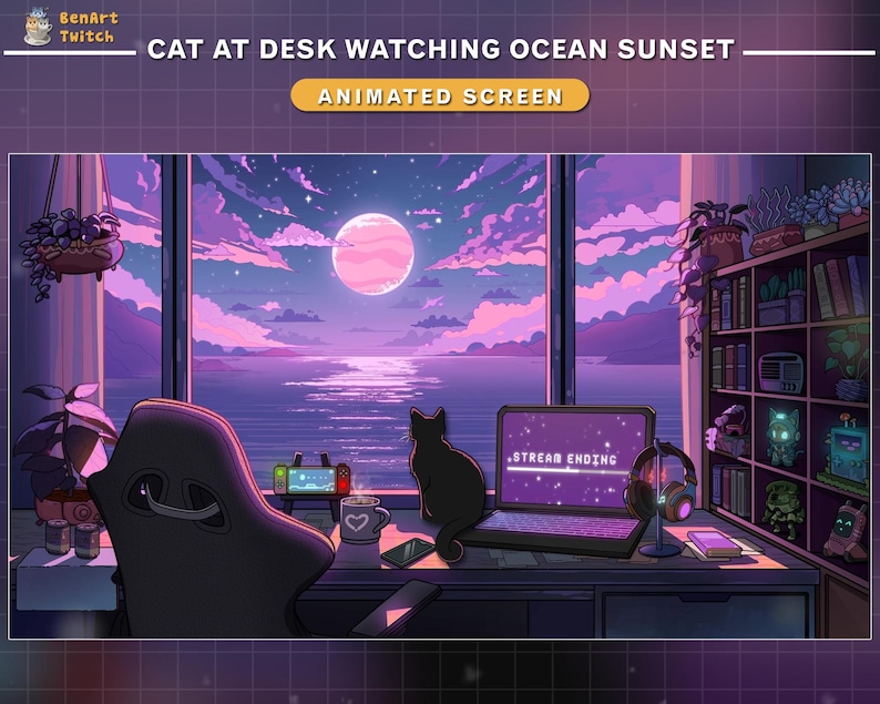 May include: Animated screen titled "CAT AT DESK WATCHING OCEAN SUNSET." The image depicts a black cat sitting at a desk, gazing out a window at a sunset over the ocean. A laptop displays "STREAM ENDING."