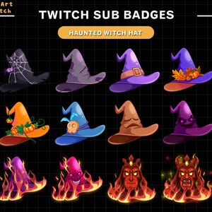 Puede incluir: Un conjunto de insignias de suscripción de Twitch con varios sombreros de bruja de dibujos animados. Los sombreros son de diferentes colores, incluyendo negro, morado, naranja y azul, y están decorados con arañas, calabazas y llamas. Se muestra el texto "TWITCH SUB BADGES" y "HAUNTED WITCH HAT".
