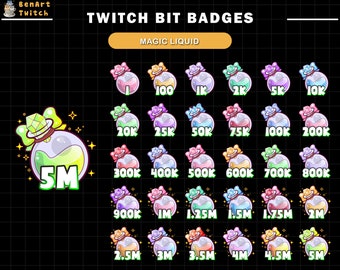 Set completo di 30 badge per bit di contrazione liquidi magici, badge per bit di contrazione magici per sacchetto di fluido, set completo di badge per bit di contrazione per Streamer, Discord