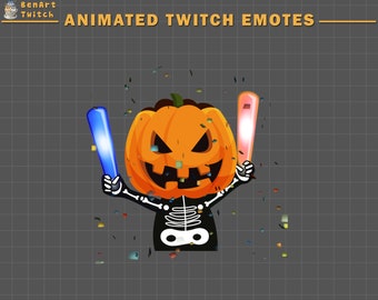May include: Animated Twitch emote featuring a skeleton wearing a jack-o'-lantern head and holding glow sticks in each hand. Confetti falls around the skeleton.