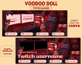 Halloween Voodoo Doll Gaming Room Twitch Banner, Spooky Room Blood Theme Stream Banner