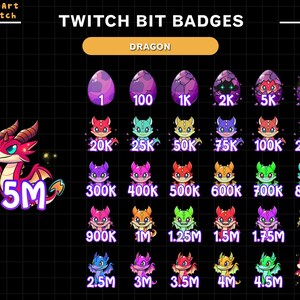 May include: A set of 20 Twitch bit badges featuring a cartoon dragon in various colors. The badges show the number of bits required to earn each badge, ranging from 1 to 5 million.