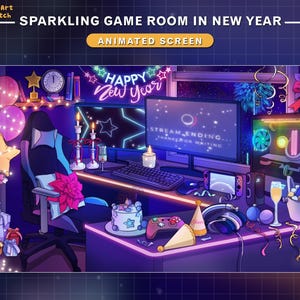 May include: A colourful and festive gaming room decorated for New Year's Eve. The room features a gaming chair, a computer monitor displaying "STREAM ENDING THANK FOR WAITING", a gaming console, a cake, and a variety of decorations, including balloons, streamers, and a sign that reads "HAPPY NEW YEAR".