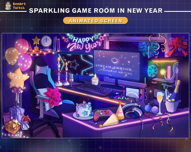 May include: A colourful and festive gaming room decorated for New Year's Eve. The room features a gaming chair, a computer monitor displaying "STREAM ENDING THANK FOR WAITING", a gaming console, a cake, and a variety of decorations, including balloons, streamers, and a sign that reads "HAPPY NEW YEAR".