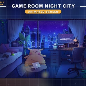Puede incluir: Una imagen de dibujos animados de una sala de juegos con una vista nocturna de la ciudad fuera de la ventana. La habitaci&oacute;n tiene un sof&aacute;, un escritorio con una computadora, una silla y un peluche de Pikachu. La pantalla de la computadora muestra "STREAM STARTING..." y la hora es 21:45.