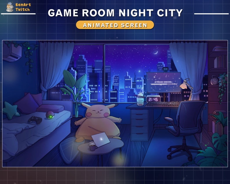 Puede incluir: Una imagen de dibujos animados de una sala de juegos con una vista nocturna de la ciudad fuera de la ventana. La habitaci&oacute;n tiene un sof&aacute;, un escritorio con una computadora, una silla y un peluche de Pikachu. La pantalla de la computadora muestra "STREAM STARTING..." y la hora es 21:45.