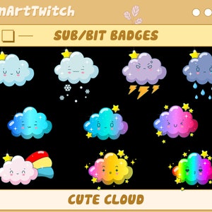 Könnte beinhalten: Neun bunte Cartoon-Wolkenillustrationen mit verschiedenen Gesichtsausdrücken und Wetterelementen. Die Wolken befinden sich auf einem schwarzen Hintergrund mit dem Text "SUB/BIT BADGES" und "CUTE CLOUD" in Gelb.