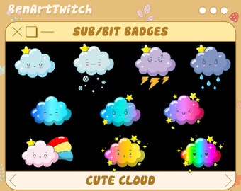 May include: Nine colourful cartoon cloud illustrations with different facial expressions and weather elements. The clouds are on a black background with the text "SUB/BIT BADGES" and "CUTE CLOUD" in yellow.