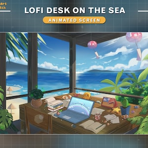 Animated Twitch Screens Lofi Desk on the Beach, Lofi Game Room Stream Screens, Sea Twitch Overlay