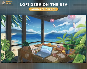 Animated Twitch Screens Lofi Desk on the Beach, Lofi Game Room Stream Screens, Sea Twitch Overlay