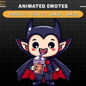 May include: Animated emote of a cartoon vampire with a red cape drinking a bubble tea with a straw. The emote is available in four sizes: 128x128, 112x112, 56x56, and 28x28.